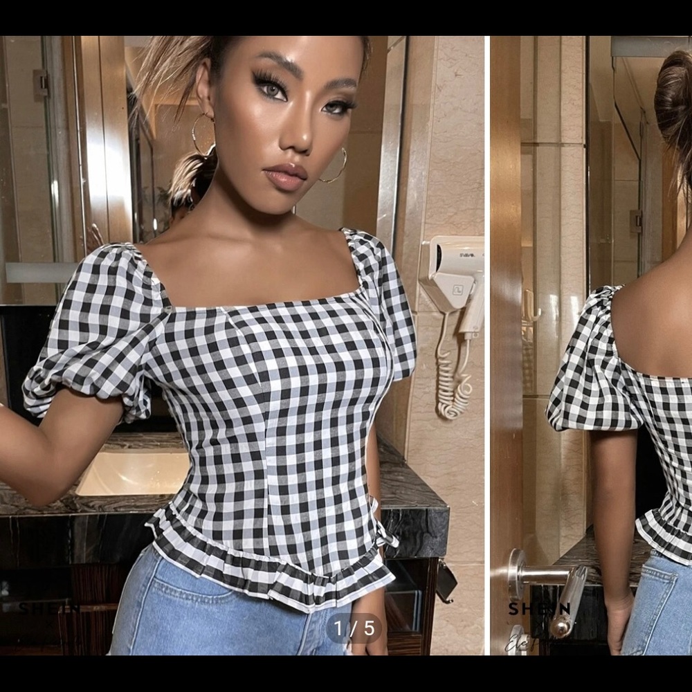 SHEIN Gingham Ruffle Top